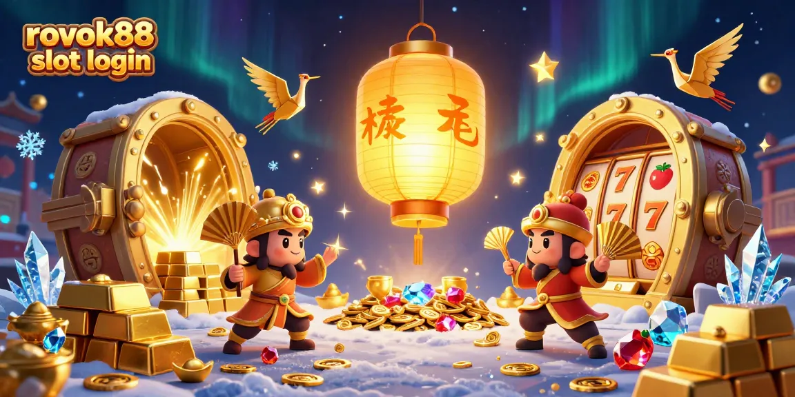 Experience the magic of rokok88 slot login with a dynamic 3D casino scene full of treasures and festive symbols.