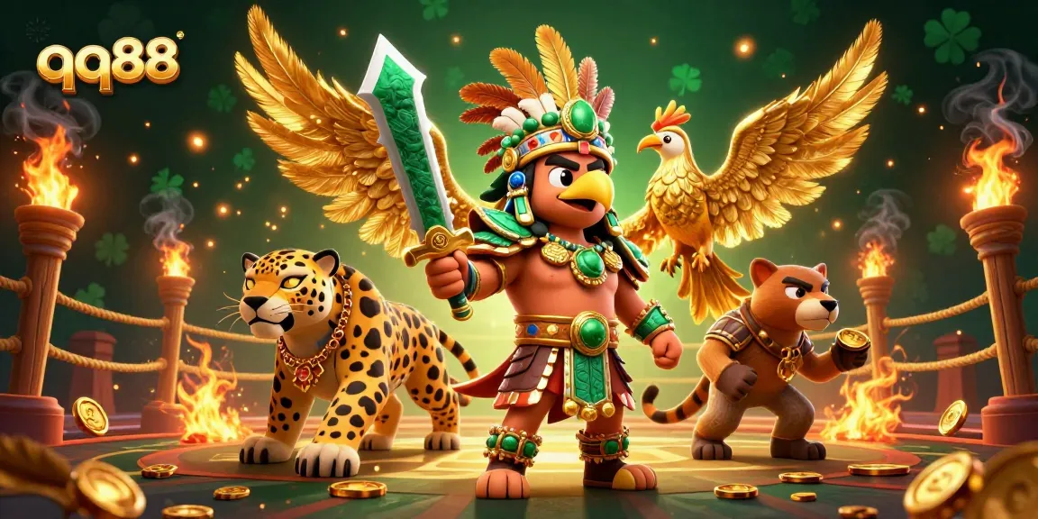Engage in thrilling betting adventures with qq88's vibrant illustration of warriors and golden elements.