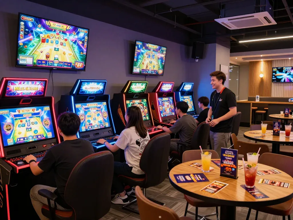 No Hu gaming lounge with players engaging in vibrant slot games and colorful decor.