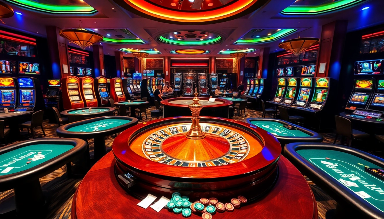 Dynamic gaming scene showcasing casino c168 with roulette, blackjack, and vibrant slot machines.