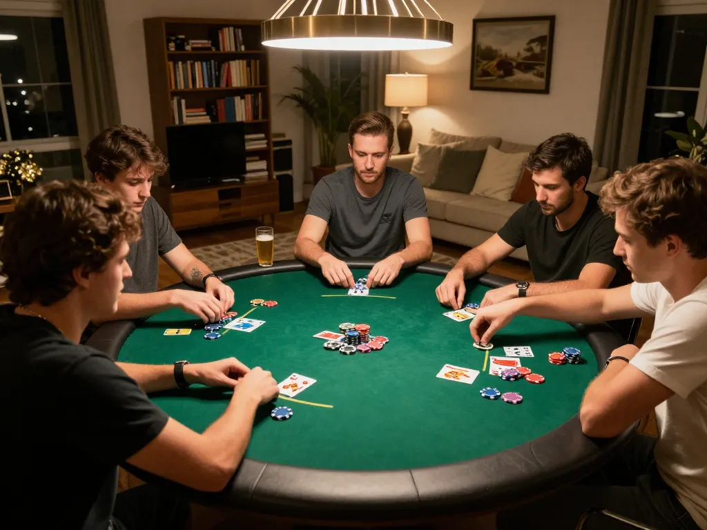 Players engage in an exciting poker game at home, showcasing the friendly atmosphere of nhà cái lc88 gaming