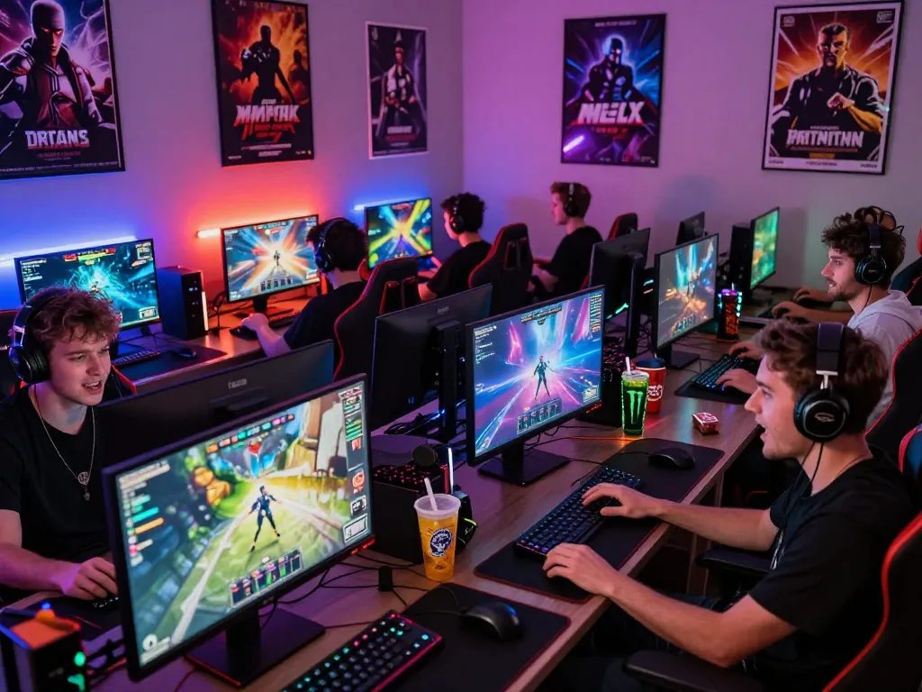 Engaged gamers playing mind control porn games in vibrant, interactive gaming setup.