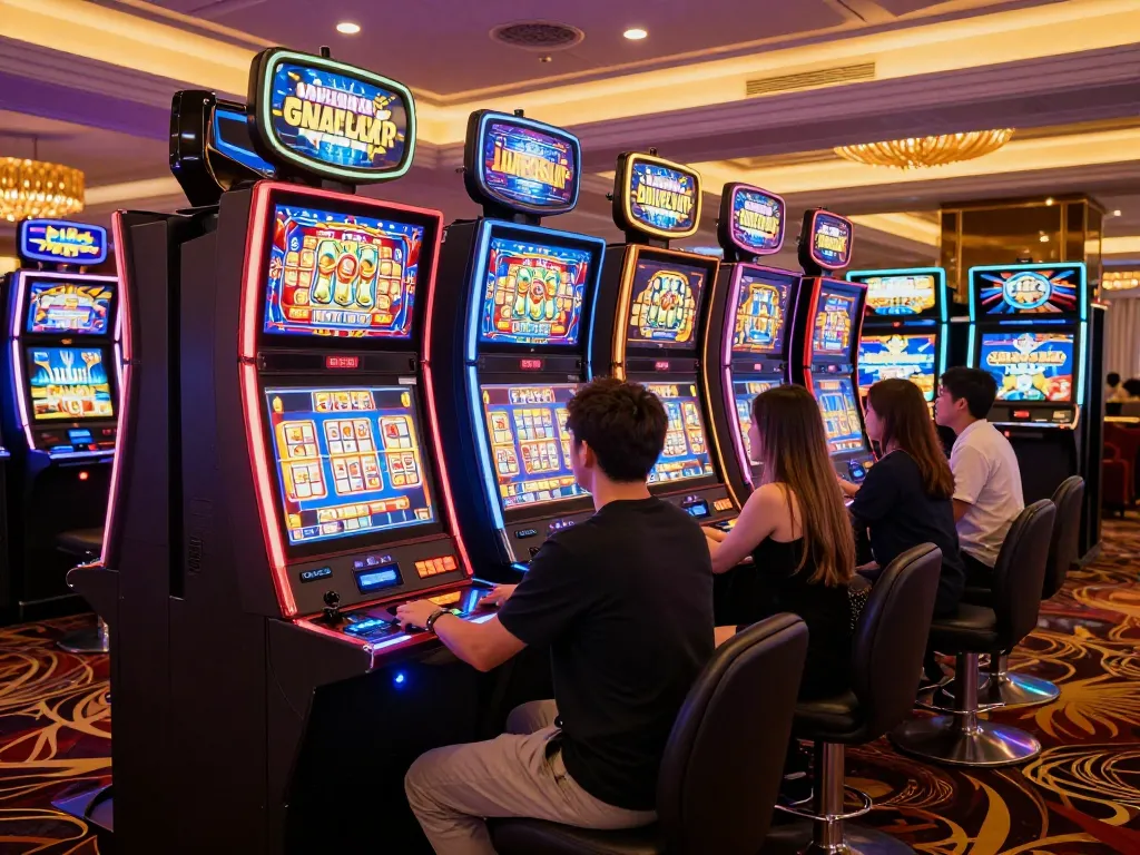 Players enjoying the excitement of slot games at GG88 casino, vibrant machinery creating a lively atmosphere.