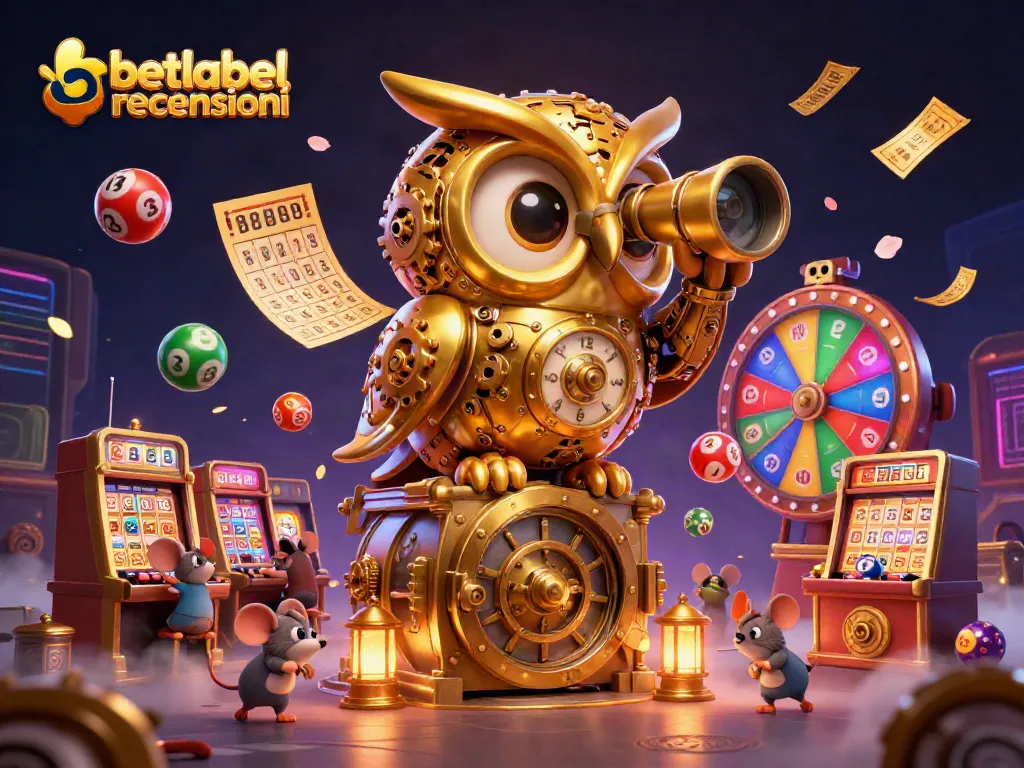 Engage with betlabel recensioni featuring a whimsical 3D scene of an owl surveying a bustling casino.