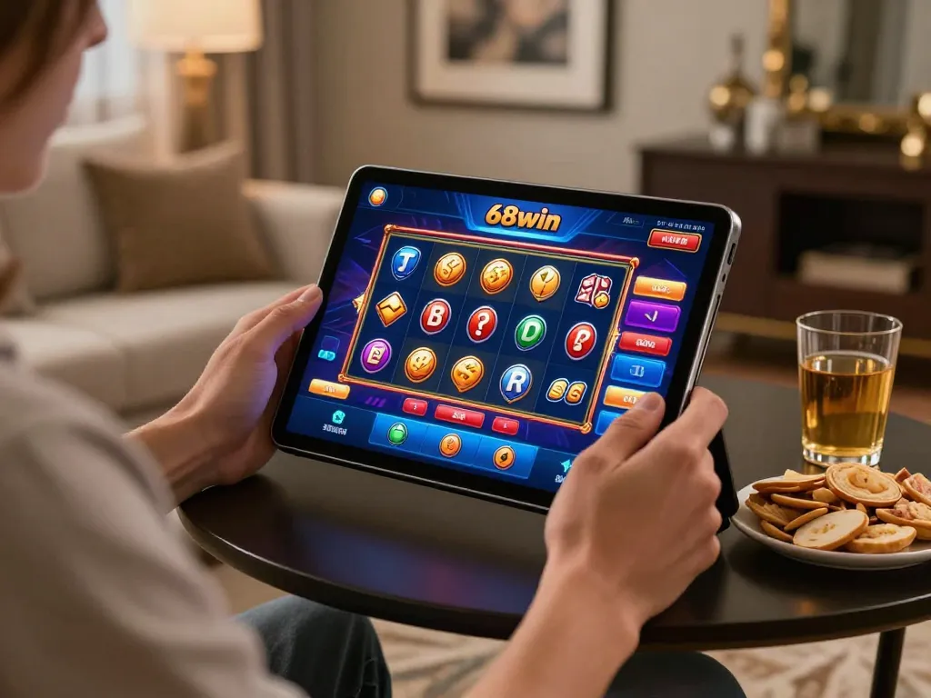 Engaging with the 68win app for online casino gaming at home, showcasing vibrant slot symbols and live dealer games.