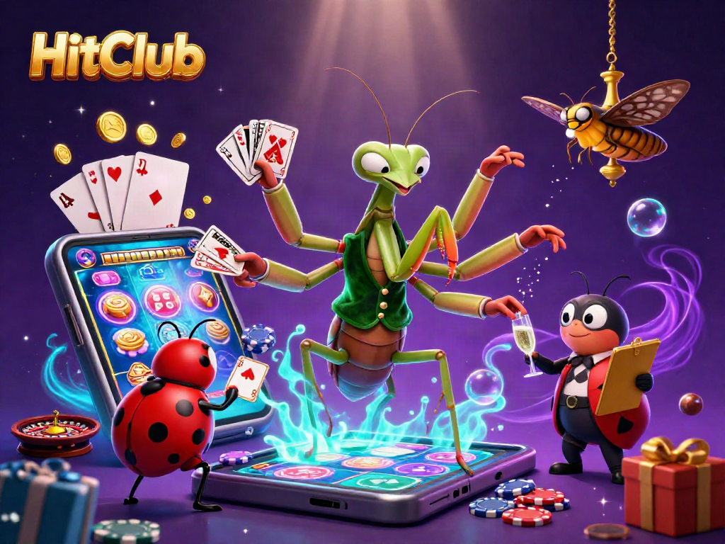 HitClub illustration shows a lively casino scene with a giant mantis and ladybug characters engaging in gaming.