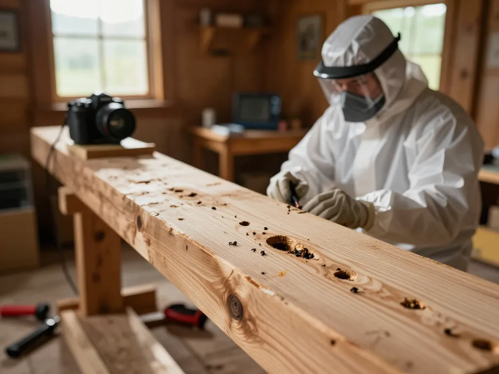 Primo piano di legno infestato da coleotteri, che mostra metodi di sterilizzazione microonde per l'estinzione dei coleotteri.