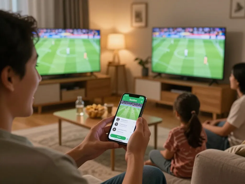 Socolive user enjoying live football match on smartphone in a cozy home setting.