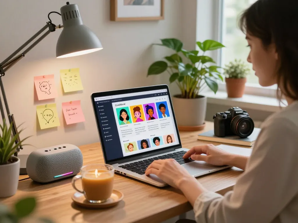 Interactive workspace featuring CrushOn AI interface on a laptop with character avatars, reflecting creativity and innovation.
