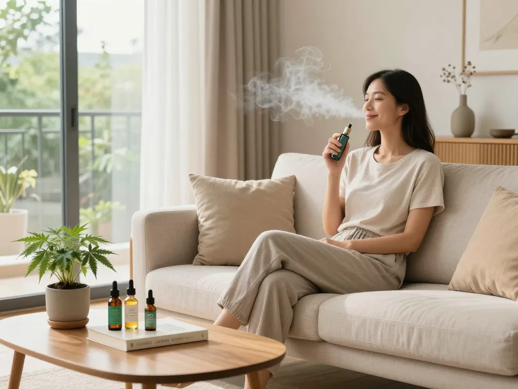Vaporizzatori thc in un ambiente sereno di soggiorno, donna che svapa olio CBD, atmosfera di benessere naturale con pianta di canapa.