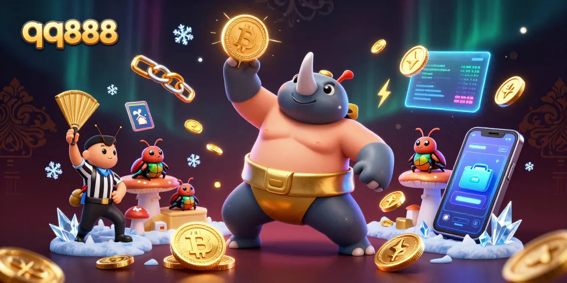 Engage in thrilling gameplay with a vibrant qq888 online casino scene featuring dynamic characters and glowing cryptocurrency elements.