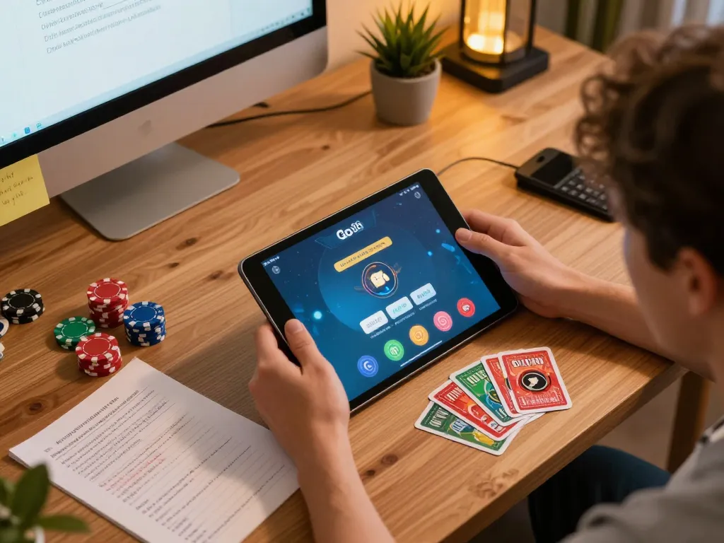 Người chơi sử dụng ứng dụng Go 88 trong một không gian chơi game thoải mái, xung quanh là những ghi chú chiến lược và thẻ bài.