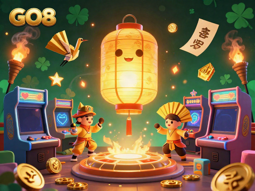 Engage with GO8's vibrant night market casino, featuring dynamic gaming elements and a golden lantern spirit.