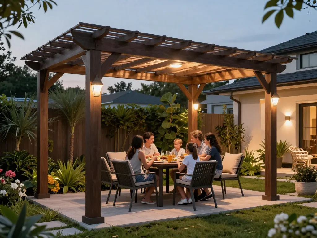 Outdoor family gathering under a configuratore 3D pergola, showcasing its design and ambiance.