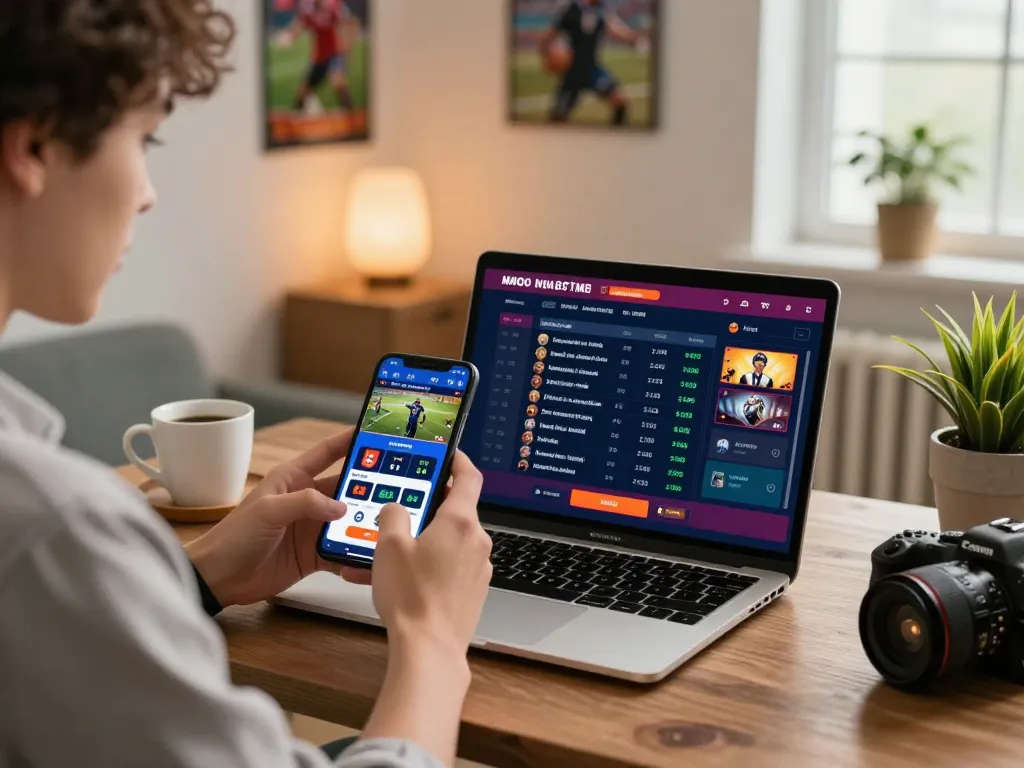 User engaging with betting app on https://mmoo1.de.com in a vibrant home workspace, showcasing modern online gaming.
