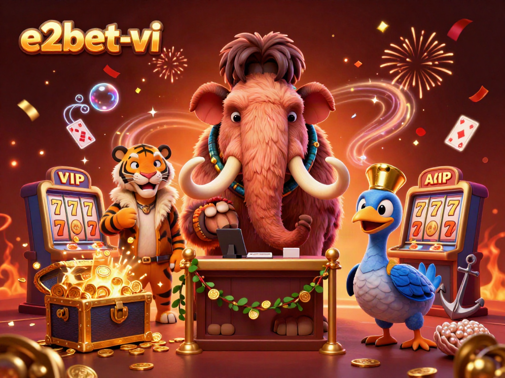 Experience excitement at e2bet-vi with a dazzling casino scene featuring a woolly mammoth bouncer and sabertooth VIP.