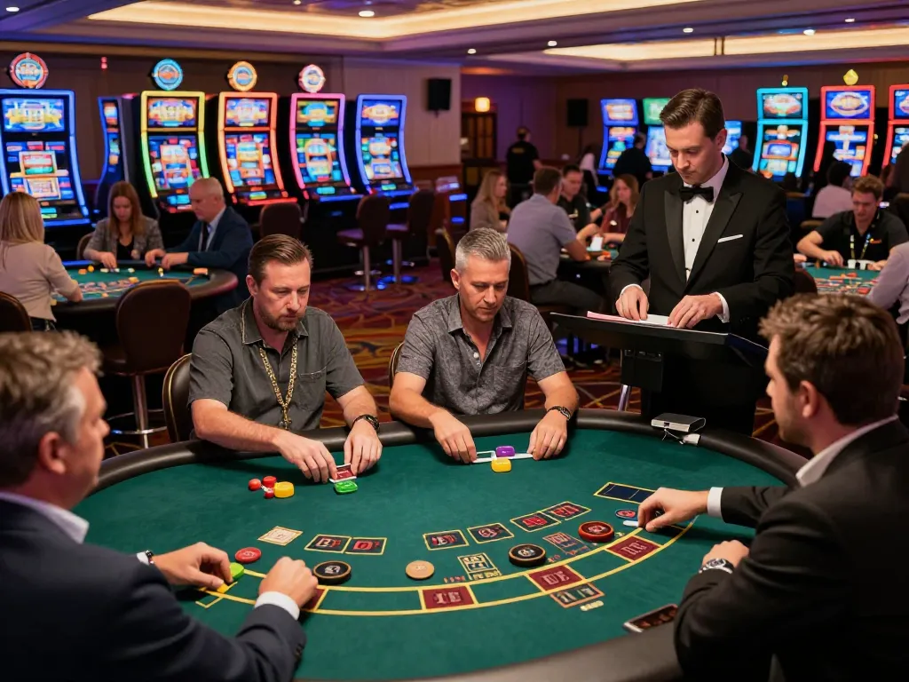 Players engaging in blackjack at the lively NET88 casino floor, showcasing betting strategies and excitement