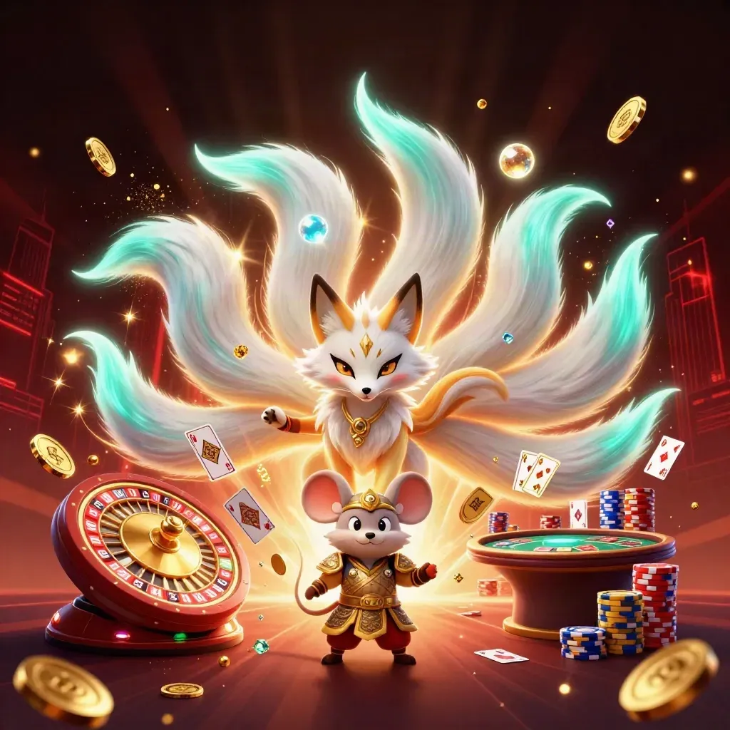 Volpe a nove code con topo samurai dorato, monete e luce neon in scena casino lussuosa.