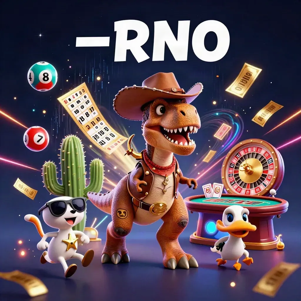 T-Rex cowboy con amici, ruota e gettoni, luce oro su sfondo blu notte.