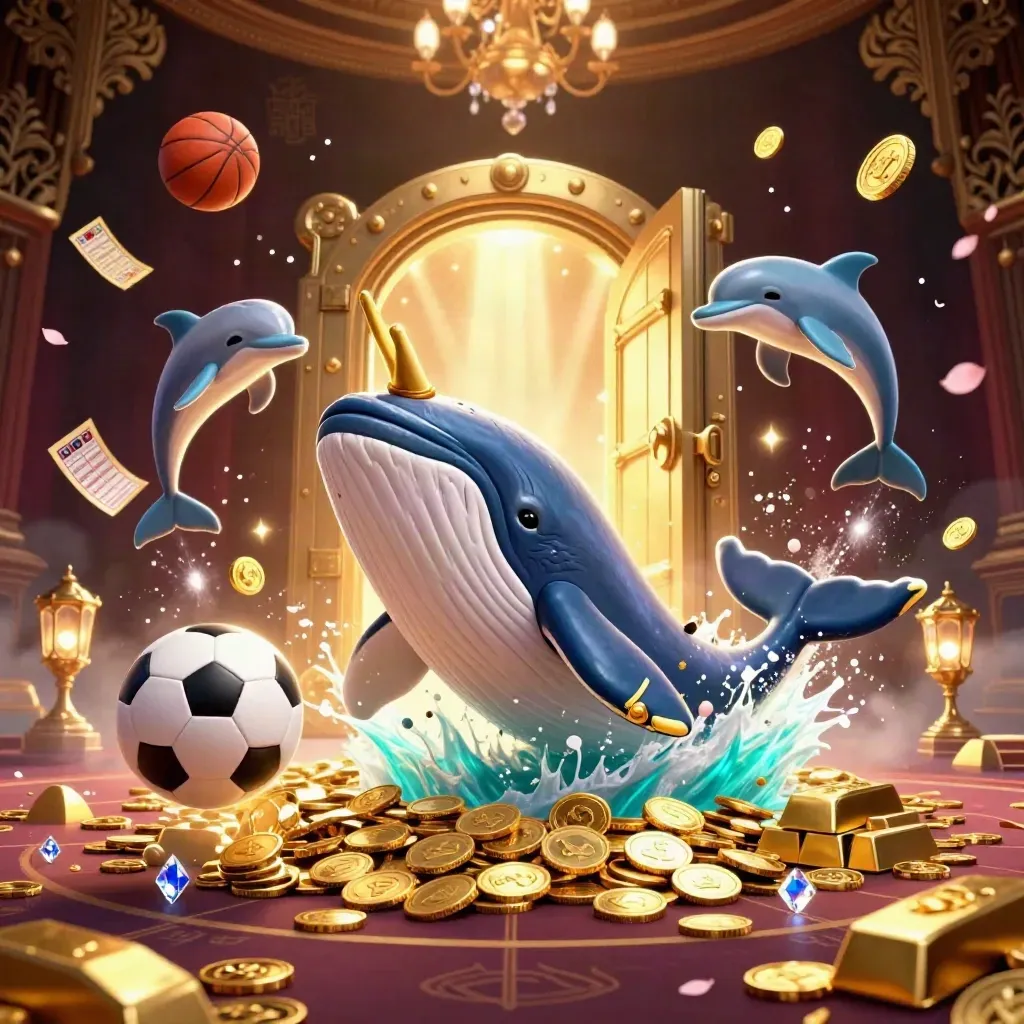 Balena capitano, narvalo e delfini tra monete, pallone e luce dorata, stile casino premium.