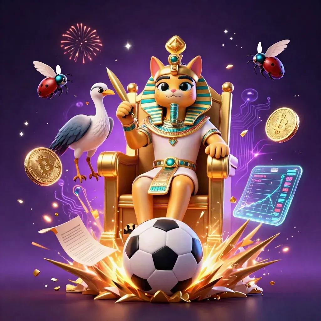 Gatto faraone su trono d’oro con ibis, monete crypto, palloni e scintille magiche.