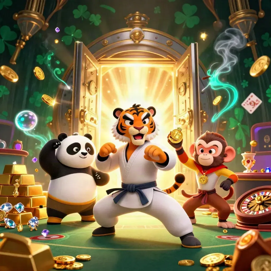 Tigre kung-fu, panda e scimmia davanti a un forziere d’oro, lusso casino smeraldo.