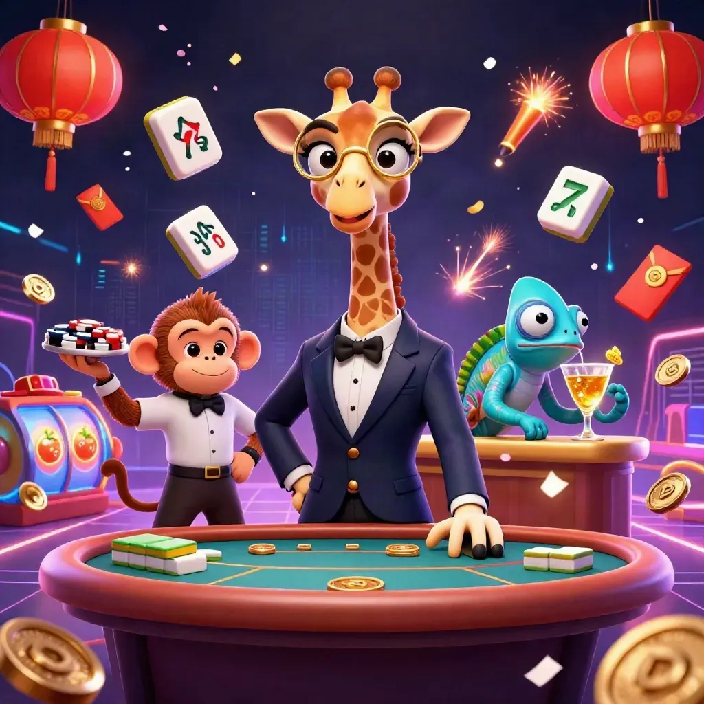 Giraffa elegante, scimmia valletto e camaleonte barman tra getti di fiches e luci neon.