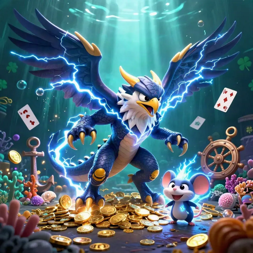 Drago, falco e topo elettrico in una caverna subacquea piena d’oro e coralli luminosi.