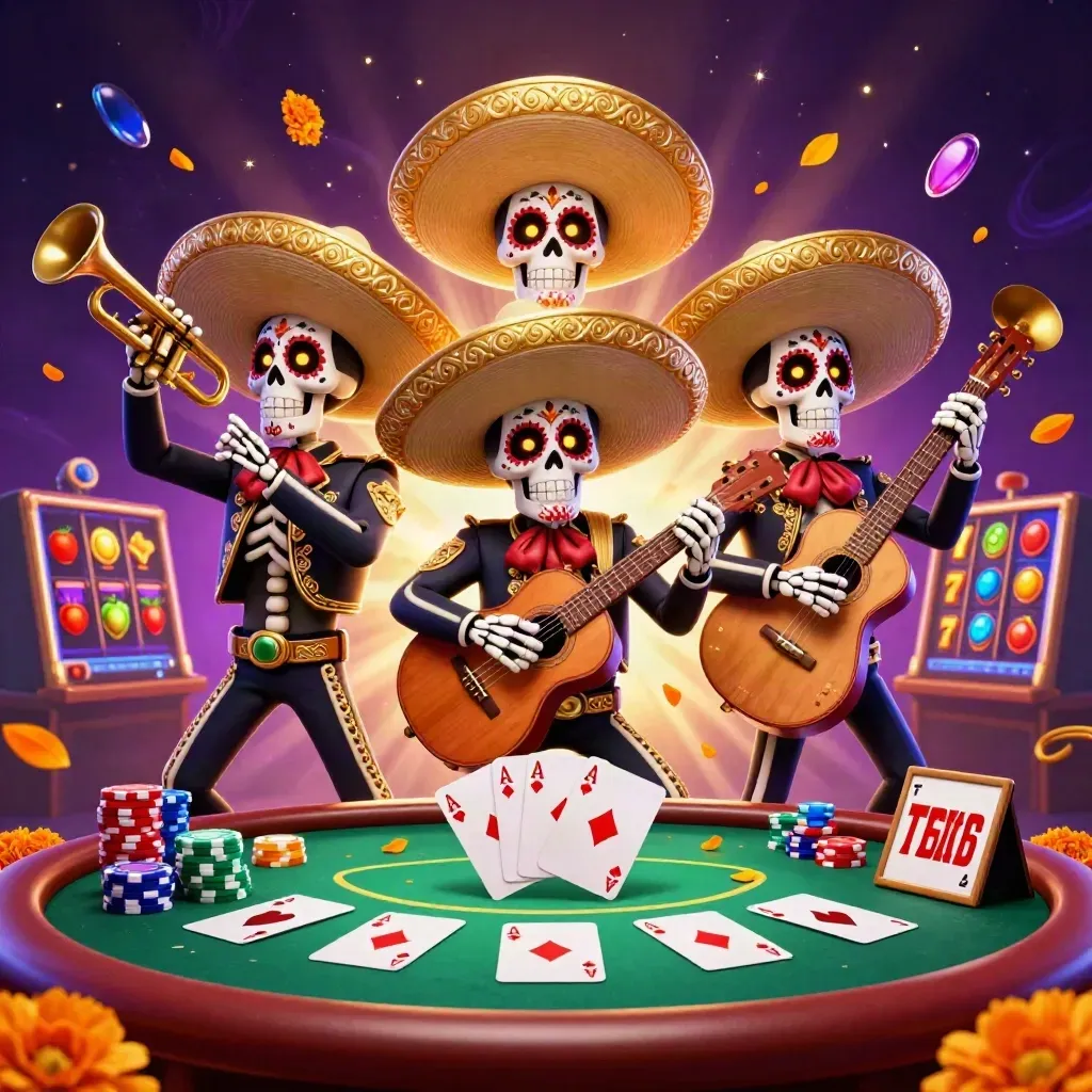 Tre scheletri mariachi tra fiches, carte, stelle e luce dorata su sfondo viola.