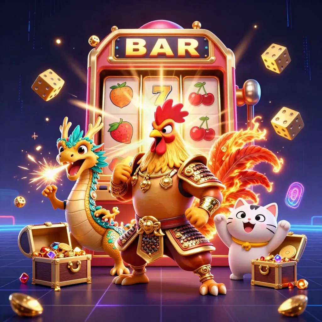 Gallo guerriero, drago cucciolo e gatto fortunato tra slot esplosa, tesori e luci neon.