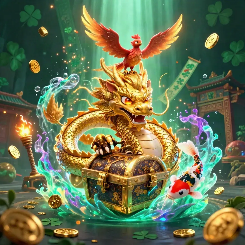 Drago d’oro, fenice, koi e tesori in una scena casino-fantasy luminosa.