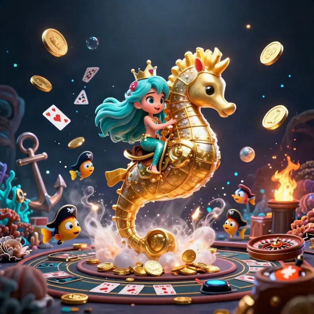 Sirena principesca su cavalluccio marino tra monete, carte e luci in un covo subacqueo