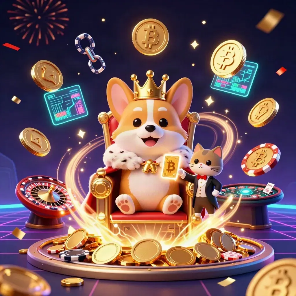 Corgi reale e maggiordomo gatto tra monete, fulmini e fuochi d'artificio in stile casino luxe.