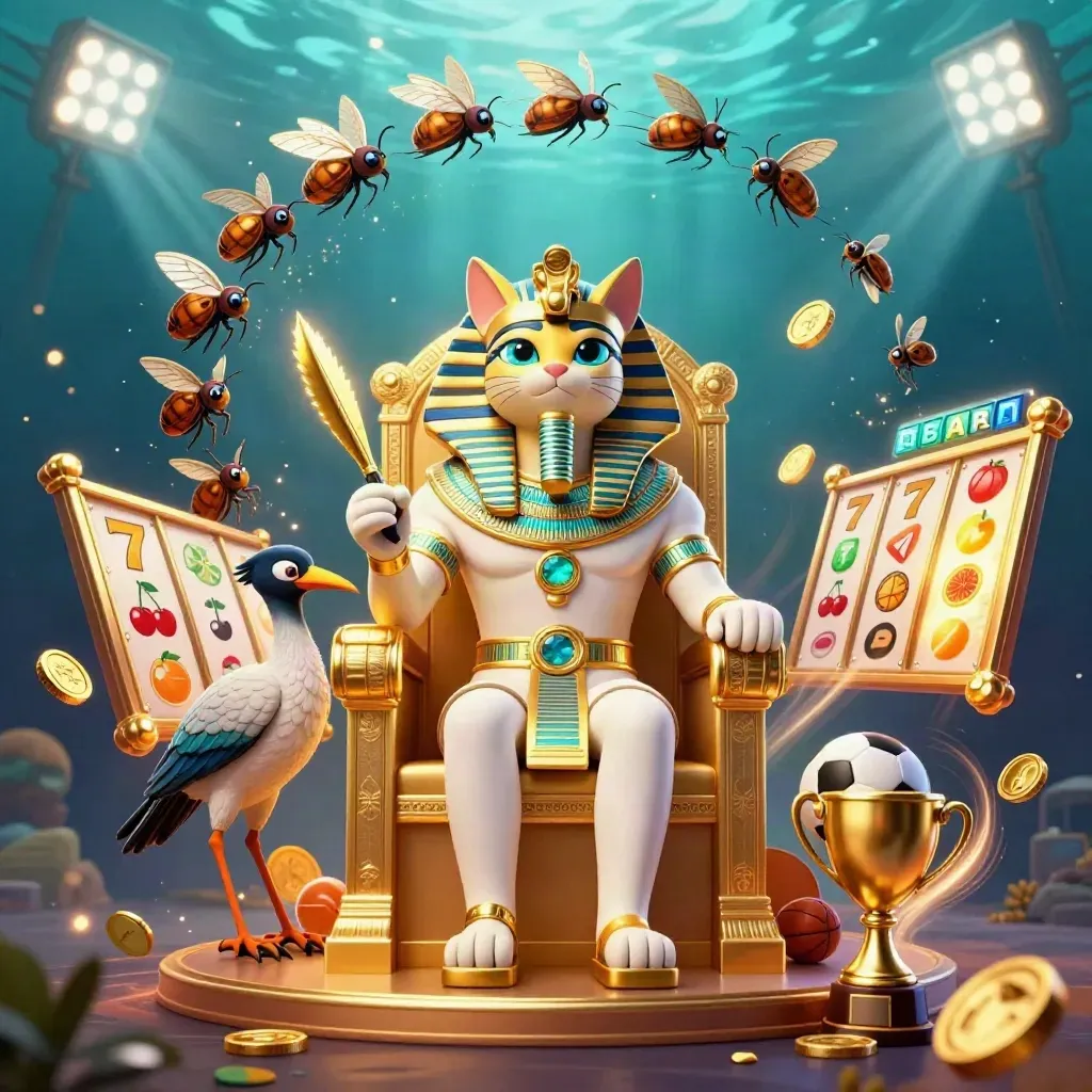 Gatto faraone 3D su trono d’oro con ibis, scarabei e luci casino marine.