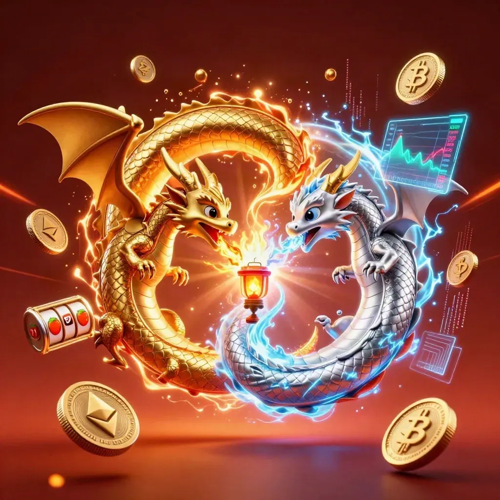 Due draghi intrecciati oro e argento tra fiamme, ghiaccio, monete crypto e luci da casino.