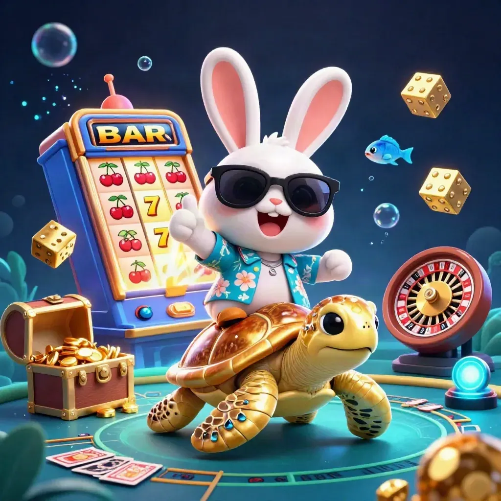 Coniglio 3D su tartaruga dorata, slot, dadi e tavolo da gioco in stile lusso marino.