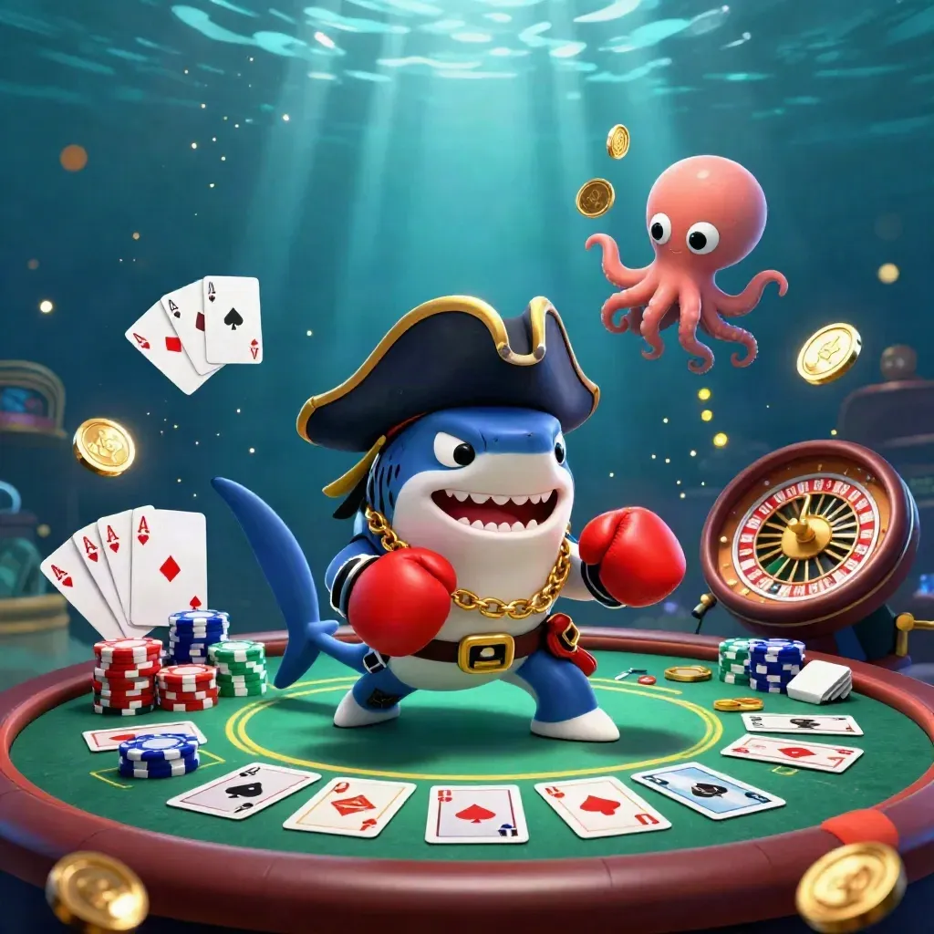 Squalo pirata, pesce palla e polpo con fiches e roulette in un lusso casino sottomarino.