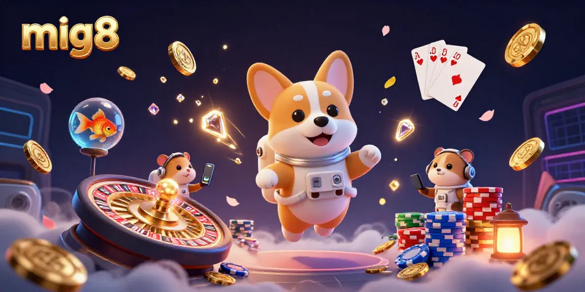 Watch a corgi float through the mig8 casino, surrounded by golden coins and exciting gaming elements.