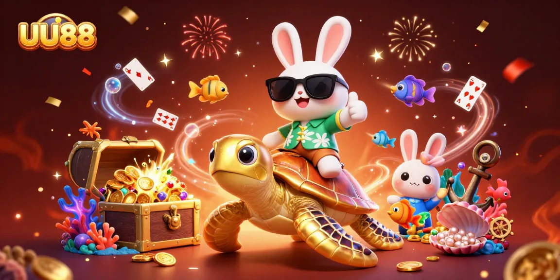 Experience the vibrant fun of UU88 with a lively scene featuring a lucky rabbit and golden turtle amidst gaming treasures.