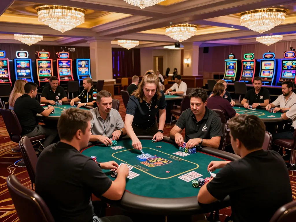 Players strategizing at F8BET poker tables amidst a vibrant casino atmosphere.