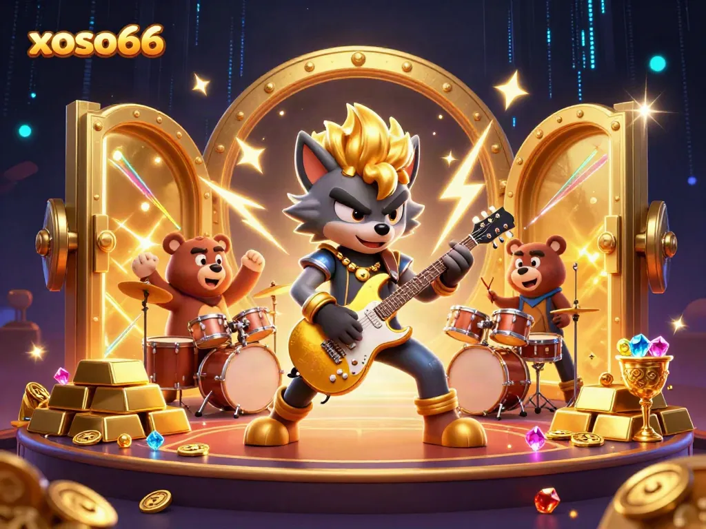 Xoso66 engages players with a lively illustration, depicting an energetic casino atmosphere with thrilling musical elements.