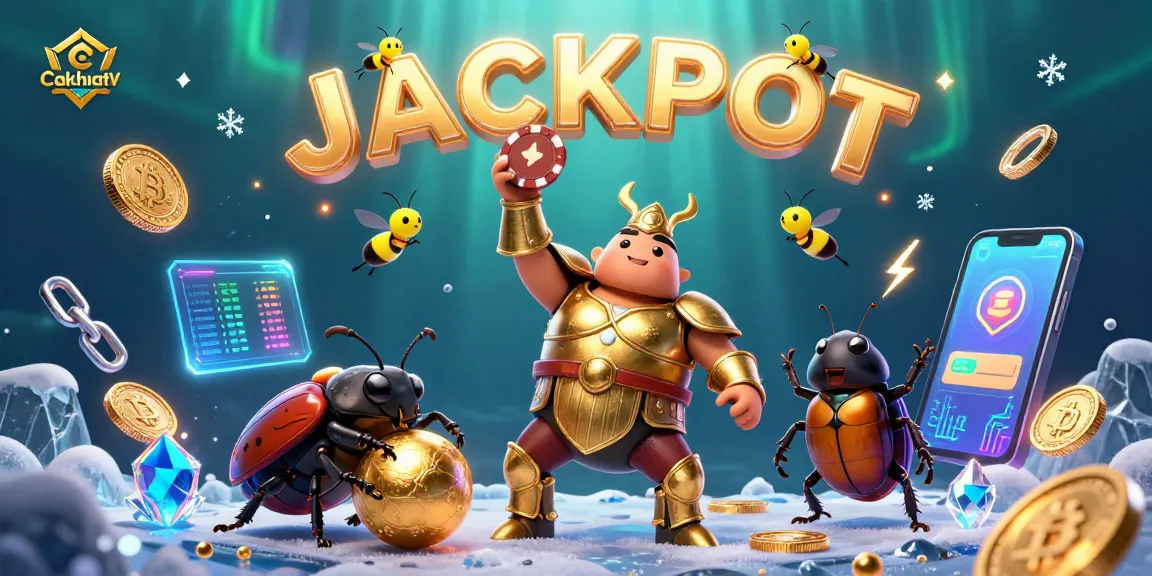 Cakhiatv showcases a vibrant animated beetle in a poker victory scene filled with crypto elements and excitement.