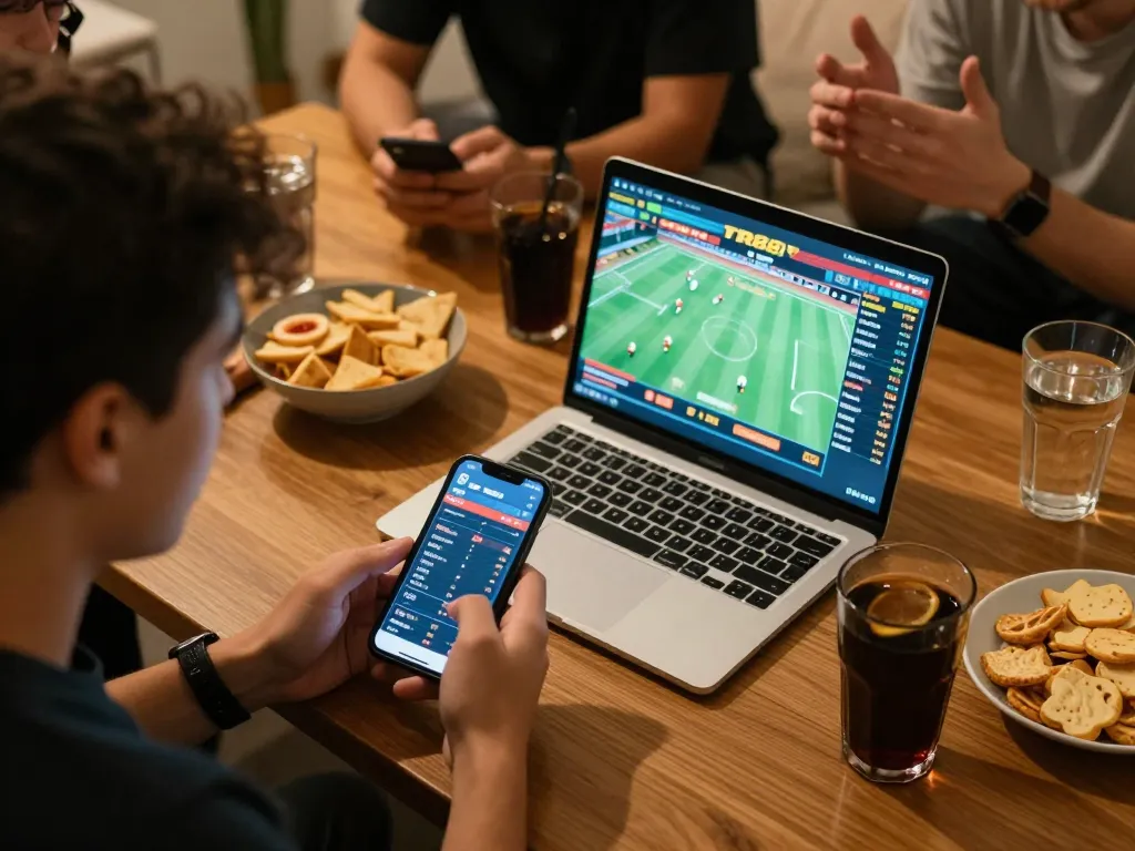 Engaging sports betting experience at TR88VIP with friends analyzing game odds while enjoying cozy atmosphere