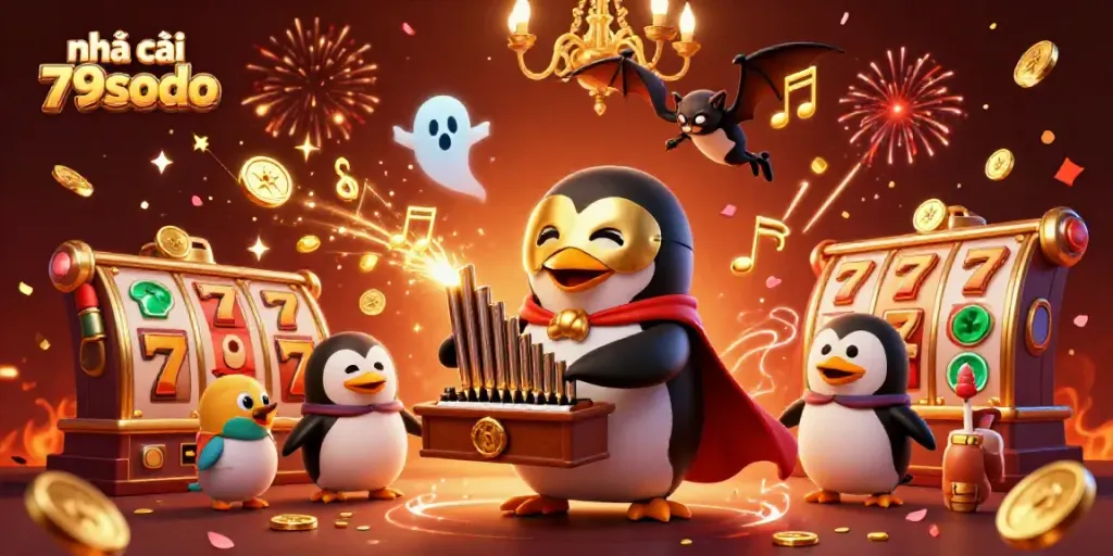 Experience the thrill of nhà cái 79sodo with a lively 3D casino scene filled with golden coins and slot reels.