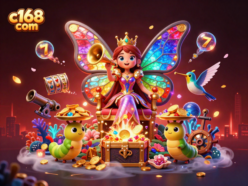 Engage with c168 com in a vibrant casino-themed illustration featuring a butterfly queen on a jewel throne.