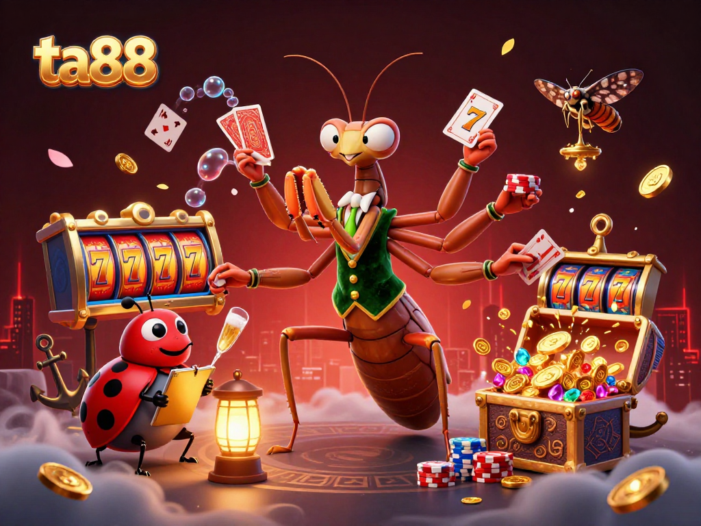 Experience thrilling wins with ta88 as the giant mantis deals cards and pours champagne amid dynamic casino elements.
