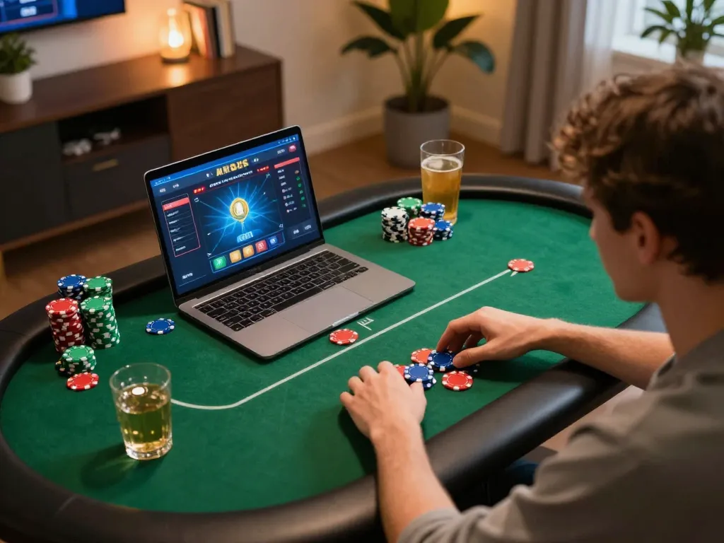 Engaging online poker gameplay on laptop screen at hm88 com, showcasing strategic betting with colorful chips.