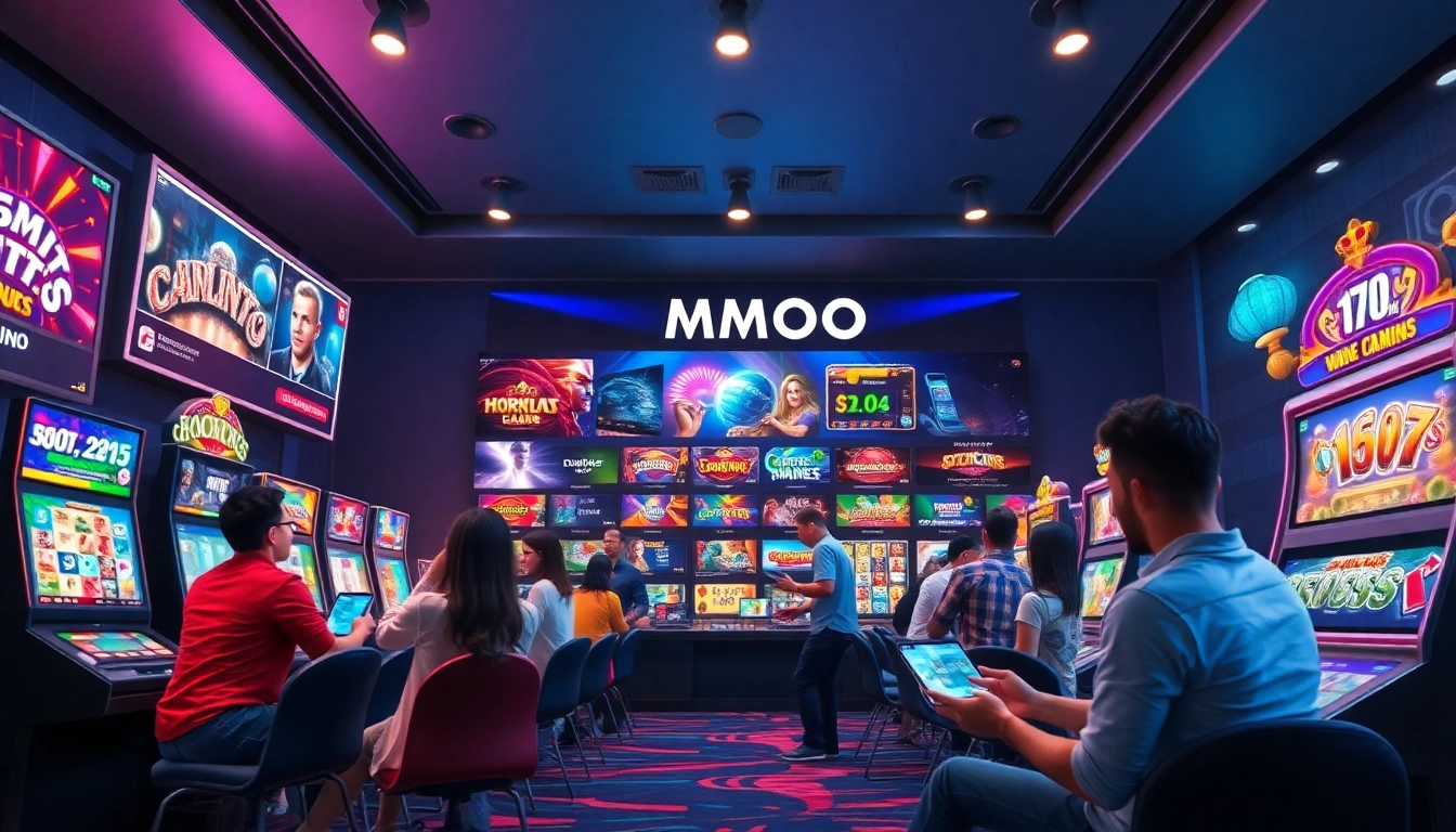 MMOO online gambling platform featuring modern gaming interface with diverse players enjoying casino games.