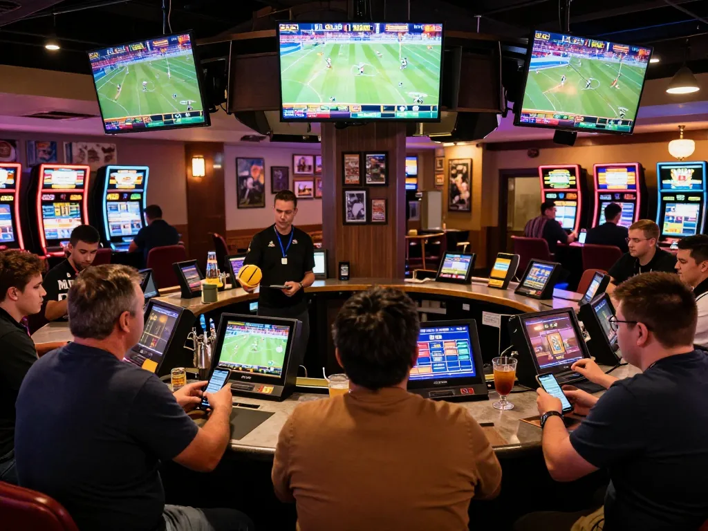 cm88z patrons engaging in sports betting at a lively casino bar with multiple screens.