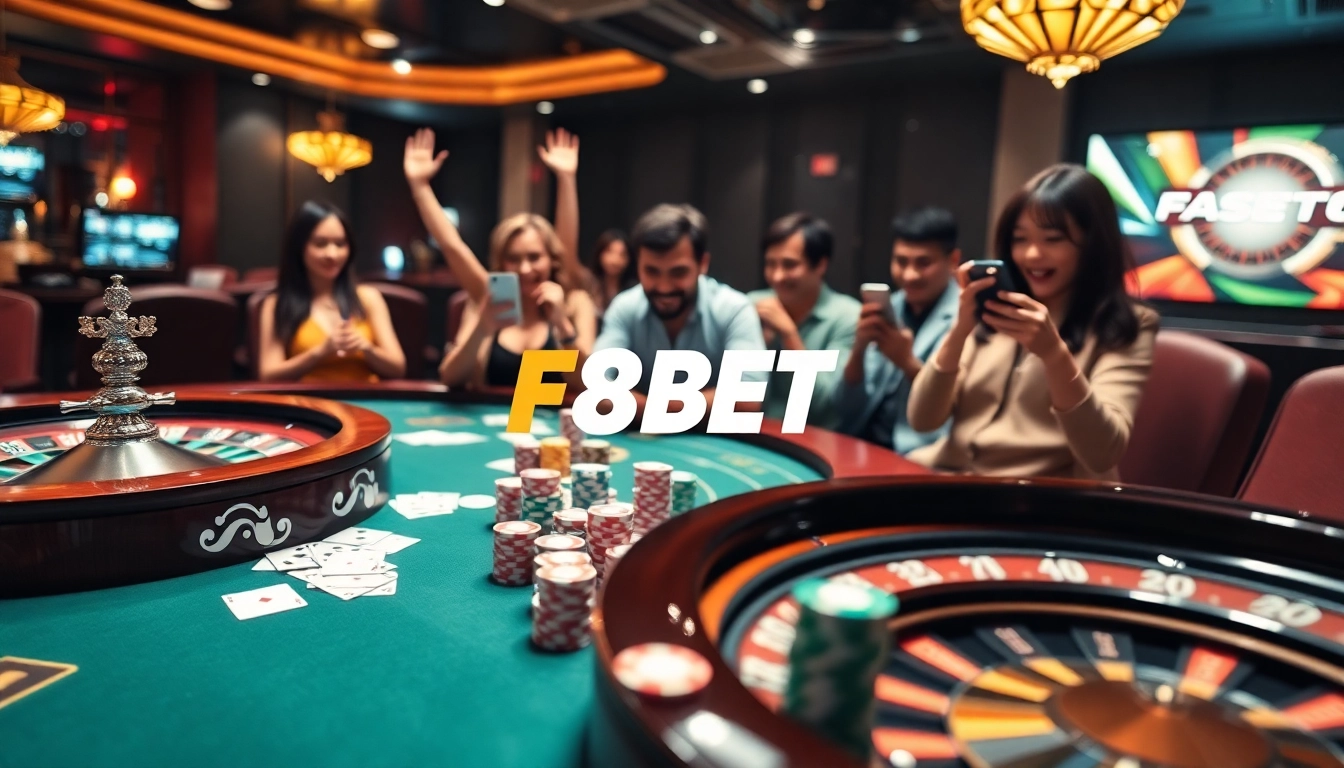 Players enjoying F8BET's thrilling games with poker chips and roulette wheel.